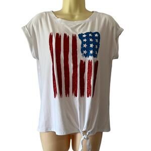 Liberty Park NWT White Patriotic Sparkle Flag Tee Shirt Knit Top Womans Size Sm